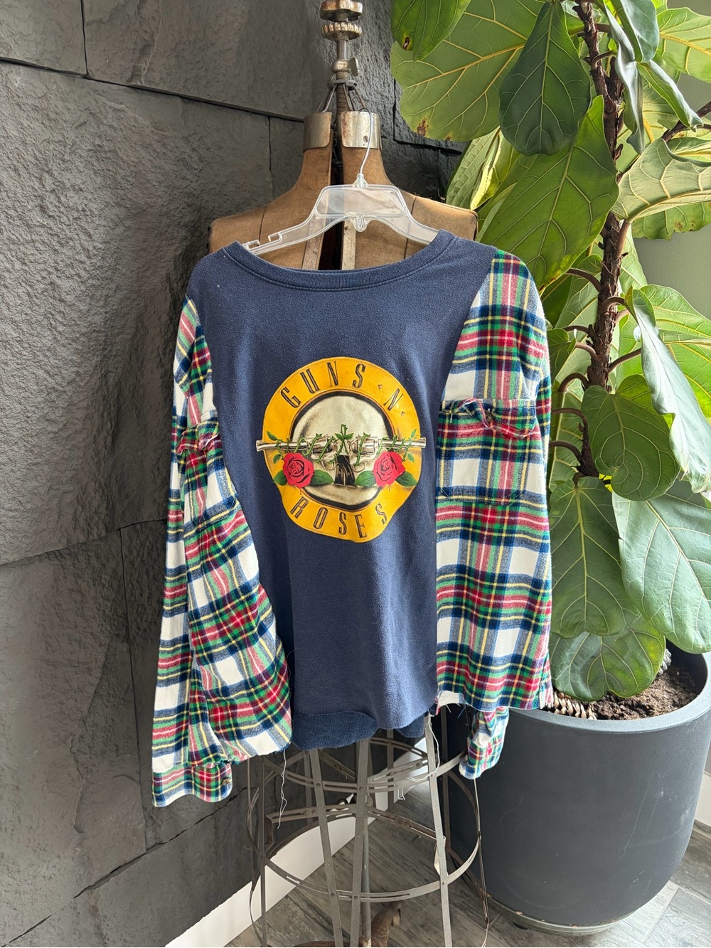NOT PERFECT Navy Graphic Tee with Plaid Sleeve Detail